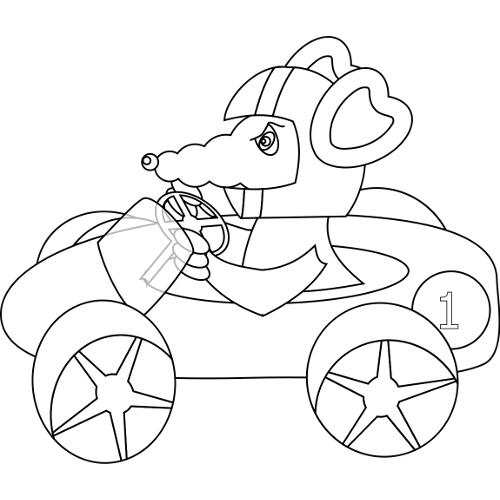 Online coloring book: Rat drives a car coloring page